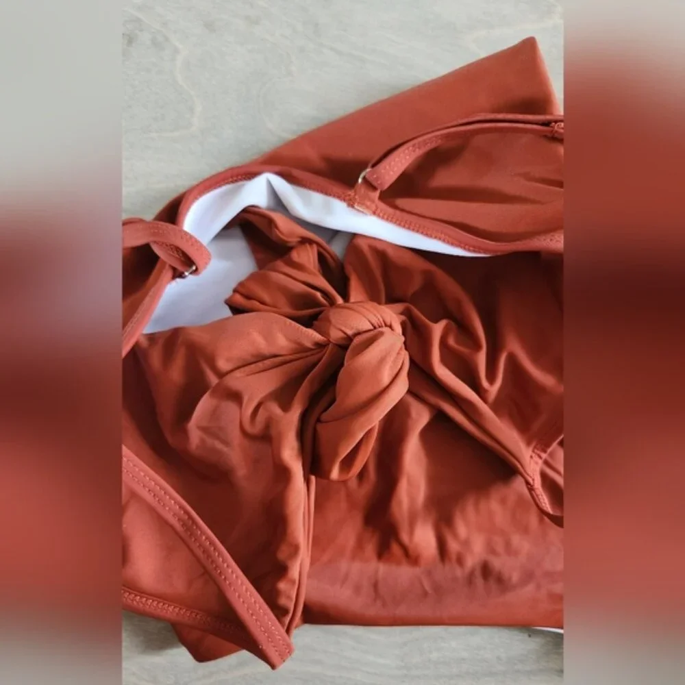 Rust Sm‎ One-Piece Swimsuit Tie Up Exposed Midriff